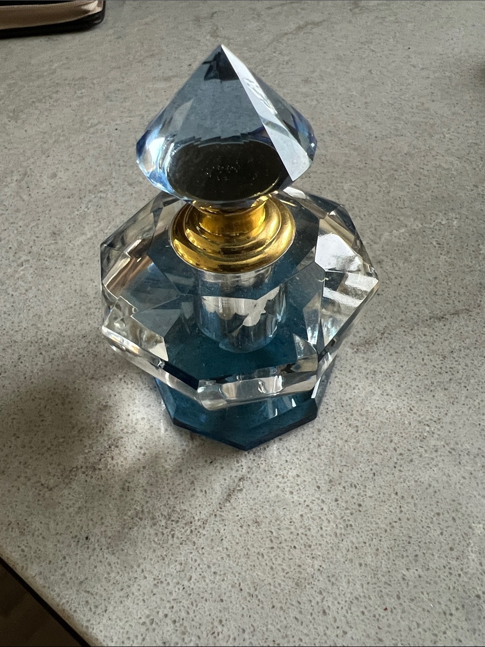 Vintage Faceted Blue Glass Decorative Perfume Bottle with Dapper Gold Neck